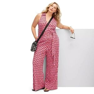 Diane von Furstenberg Women's Sleeveless Collared Jumpsuit, Modern Geo Pink XL